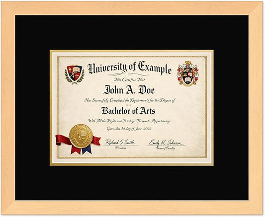 CountryArtHouse Diploma Frame Fits 11.69 x 8.27 A4 Certificate - Keepsake Graduation Display Natural Wood Genuine Hardwood with Black Over Metallic Gold Double mat
