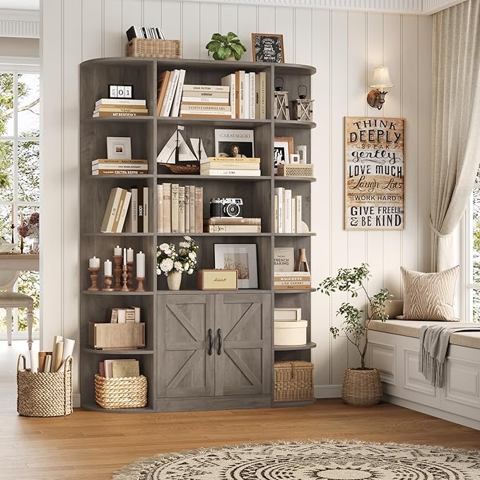HOSTACK 75" Tall Book Shelf and Bookcase, 6 Tier Bookshelf with Storage, 47" Wide Bookcase with Door, Freestanding Wood Display Shelves with Book Storage Cabinet for Home Office, Living Room, Ash Grey