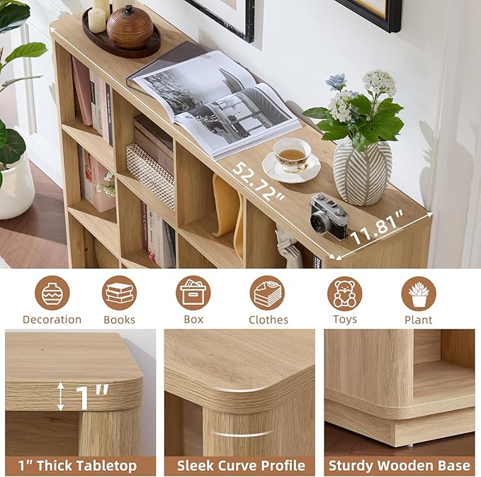 12 Cube Storage Organizer, 41" Large Bookshelf with Curved Edge, Wood Floor Standing 3-Tier Cubby Bookcase with Base, Rustic Display Storage Cabinet for Living Room, Home Office, Natural Oak