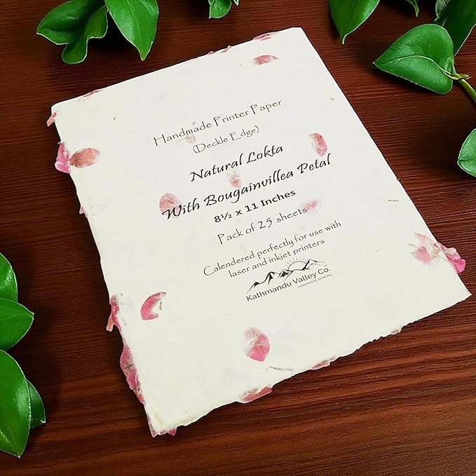 Handmade Lokta Laser and Inkjet Printer Paper with Deckle Edge 8.5x11 Inch Vintage Decorative Specialty Printing Paper (25 Sheets, Bougainvillea)