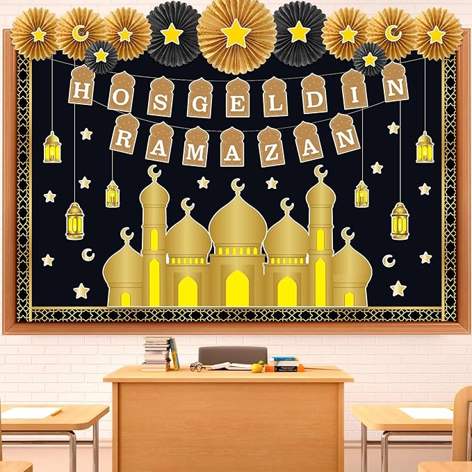 Ramadan Bulletin Board Decorations Set Hosgeldin Ramadan Classroom Decor with 3D Paper Fans Black Gold Mosque Eid Moon Star Lantern Cutouts for Wall Door Muslim Holiday Mubarak Eid Display