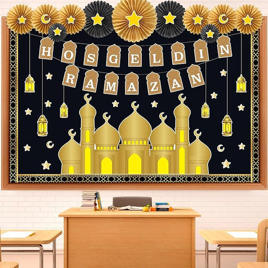 Ramadan Bulletin Board Decorations Set Hosgeldin Ramadan Classroom Decor with 3D Paper Fans Black Gold Mosque Eid Moon Star Lantern Cutouts for Wall Door Muslim Holiday Mubarak Eid Display
