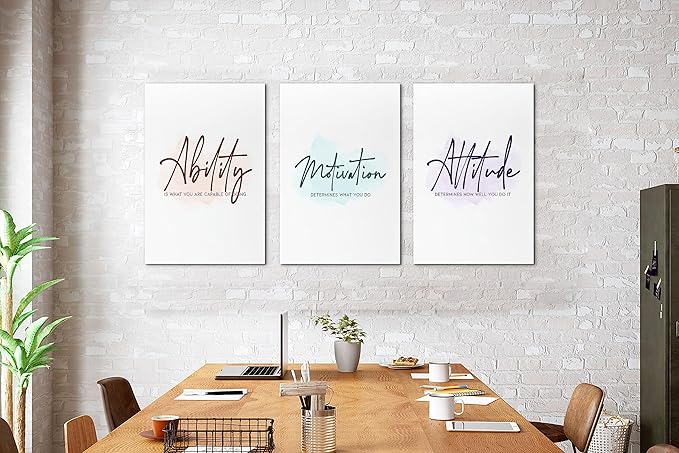 SHMAO Office Canvas Wall Art Motivational Wall Decor, 3 Piece Ability Motivation Attitude Print Pictures for Office Wall Decor Women Inspirational Framed Artwork Home Office Decor 16”x24”x3 Panels