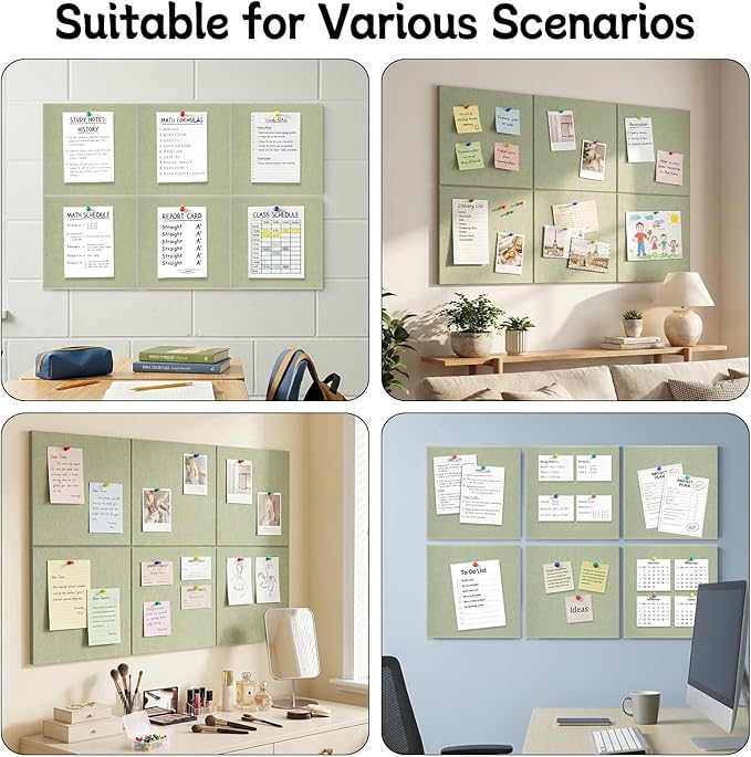 Large Cork Board 36" x 24", 6 Pack Felt Wall Tiles with Colored Pushpins, Bulletin Board with 40 Safe Removable Adhesive Tabs, Pin Board Cork Boards for Walls Home Office Decor - Sage
