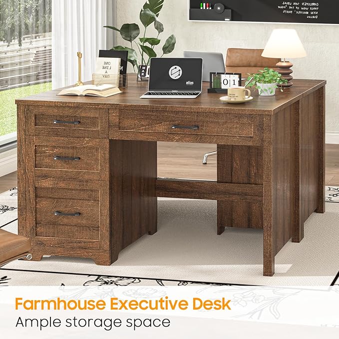 Farmhouse 47" Executive Desk with File Drawer, Wood Computer Desk with 3 Storage Drawers, Workstation for Home Office, Study, Writing.Red Brown