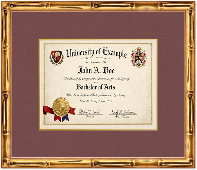 CountryArtHouse Diploma Frame Fits 11 x 8.5 US Letter Certificate - Keepsake Graduation Display Gold Bamboo Genuine Hardwood with Dark Red Over Metallic Gold Double mat