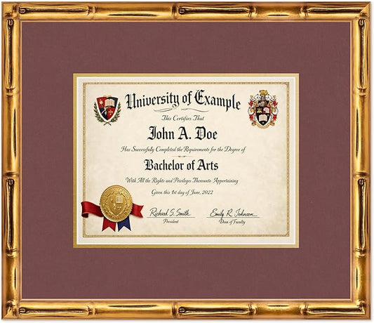 CountryArtHouse Diploma Frame Fits 11 x 8.5 US Letter Certificate - Keepsake Graduation Display Gold Bamboo Genuine Hardwood with Dark Red Over Metallic Gold Double mat