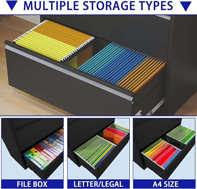 5 Drawer Lateral File Cabinet with Lock for Home Office Metal Filing Cabinet with Adjustable Hanging Rails Horizontal Filing Organization Storage Cabinet for Letter/Legal/A4/F4 Size Balck