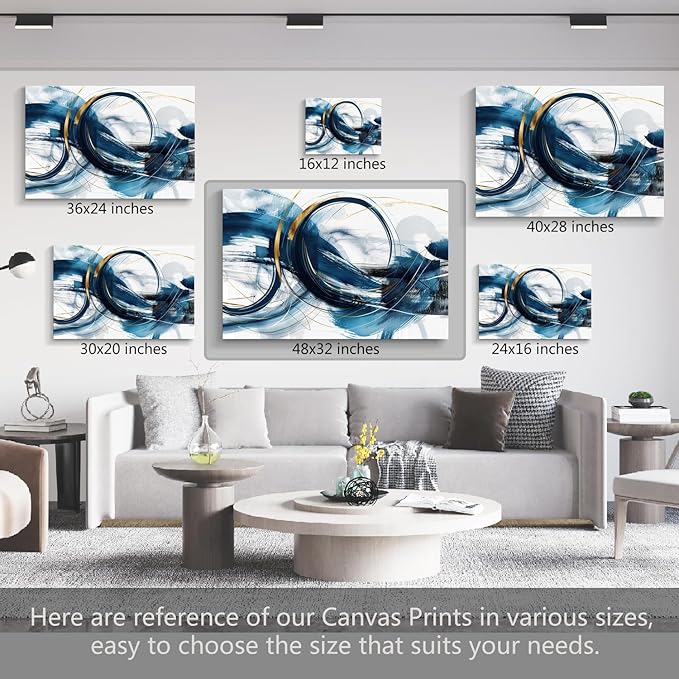 gaosoul Modern Abstract Canvas Wall Art Dynamic Blue Gold Lines Doodled on White Background Paintings Framed Minimalism Artwork Prints for Living Room Bedroom Office Decor 48x32in