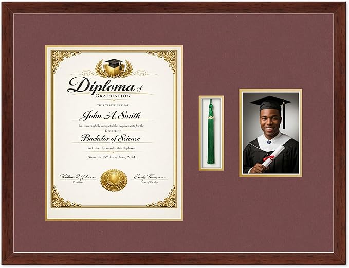 CountryArtHouse Diploma Tassel and Photo Shadowbox Fits 11 x 14 College Diploma (Portrait) with Tassel Rustic Walnut Genuine Hardwood with Dark Red Over Metallic Gold Double mat