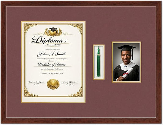 CountryArtHouse Diploma Tassel and Photo Shadowbox Fits 11 x 14 College Diploma (Portrait) with Tassel Rustic Walnut Genuine Hardwood with Dark Red Over Metallic Gold Double mat