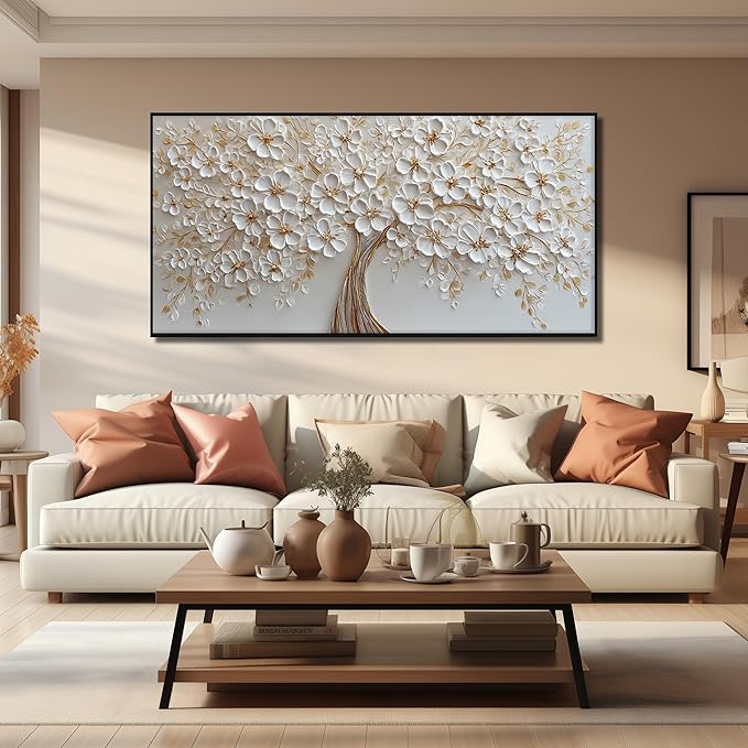 Tree Pictures Wall Decor Dining Room White Flower Canvas Wall Art for Bedroom Women Large Black Framed Wall Art for Living Room 29 x 58 Inch