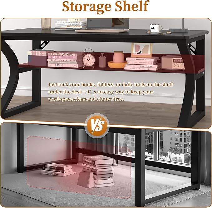 47 inch Computer Desk, Home Office Desk with Storage Shelf, Sturdy U-Shaped Metal Frame Study Table with Cable Management, Gaming Desk for Office & Bedroom