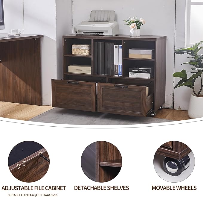 40" Lateral File Cabinet,Farmhouse Wood Small Home Office Storage with Wheels,Filing Cabinet with 2 Drawers for Legal/Letter/ A4 Size (Brown)