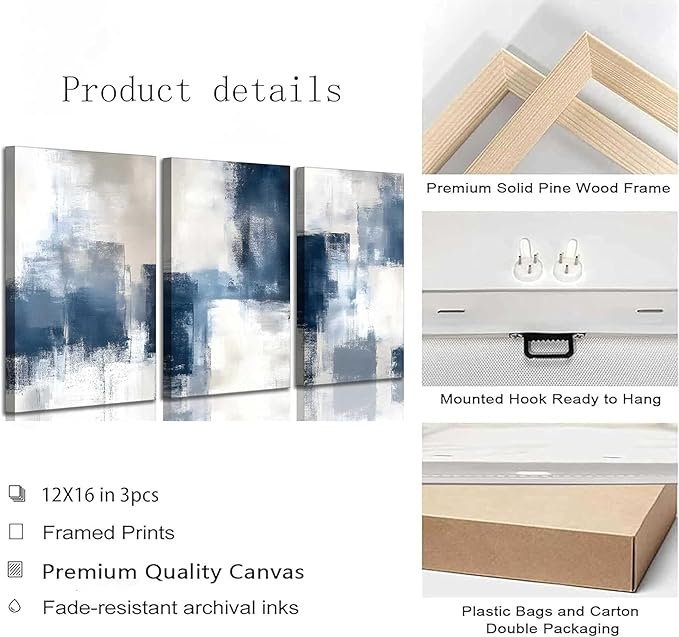 3 Pcs Navy Blue Abstract Canvas Wall Art Modern Minimalist Neutral Blue and Grey Paintings Pictures Wall Decor Poster Print Artwork for Living Room Bedroom Office Home Decoration