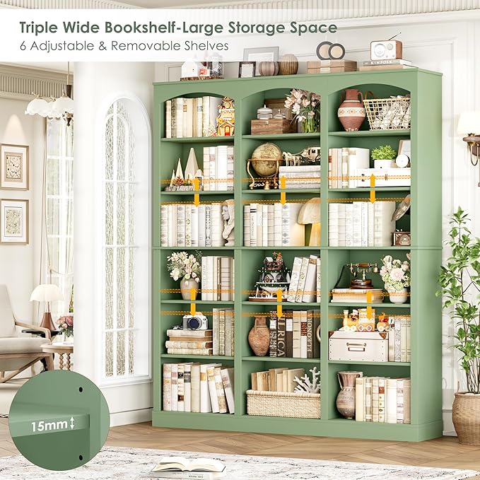 FACBOTALL 71" Triple Wide Bookshelf, 6 Tier Tall Bookshelf, Large Arched Bookcase with Curved Baffle, 63.4" Wide Book Shelf with 18 Open Display Shelves for Living Room, Study, Green
