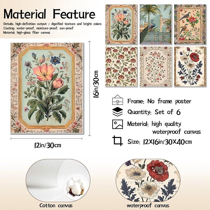 Vintage Floral Wall Art Poster Set of 6, Rustic Flower Bird Pictures Wall Decor, Retro Neutral Botanical Peacock Paintings Canvas Prints Aesthetic Home Decor for Living Room Bedroom 12x16in Unframed