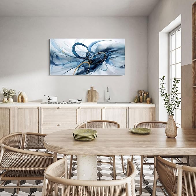 XLSJERST Abstract Wall Art for Living Room - Large Canvas Picture Blue and White Modern Minimalism Horizontal Artwork for Bedroom Office Home Decoration - 40x20 Inches