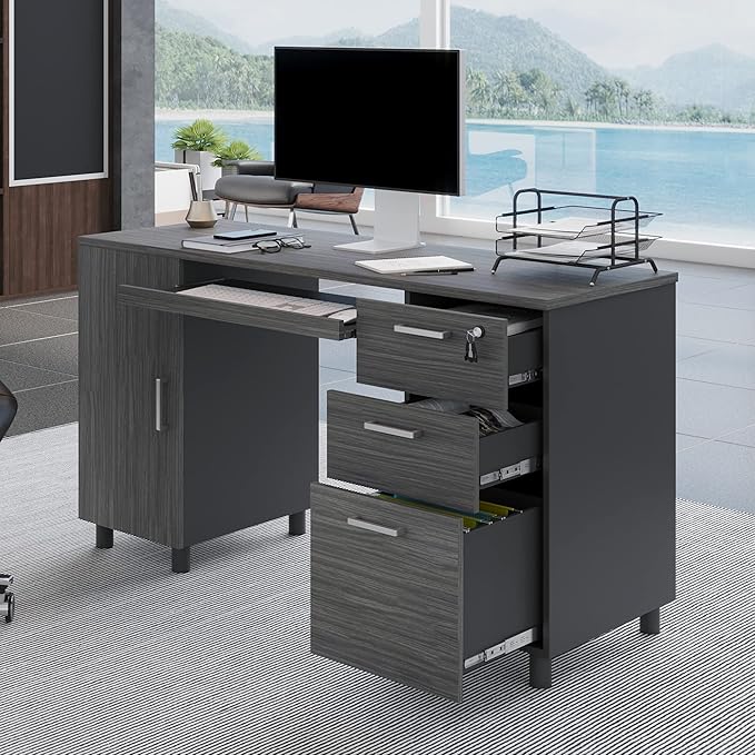 Modern Design Venice Computer Office Desk with 3 Locking Drawers and Storage Cabinet, 53 Inch Home and Office Executive, Black and Grey Desk with with Keyboard Tray by Crafts and Comfort