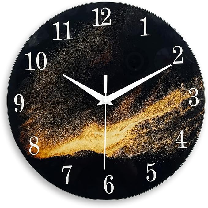 Black and Gold Modern Wall Clocks Battery Operated 12 Inch Silent Wall Clock Non Ticking Glass Wall Clock for Living Room