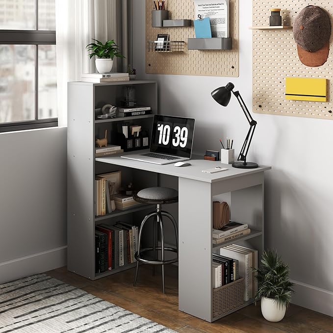 HOMCOM Modern Home Office Desk with 6-Tier Storage Shelves, 47" Writing Desk with Bookshelf, Gray