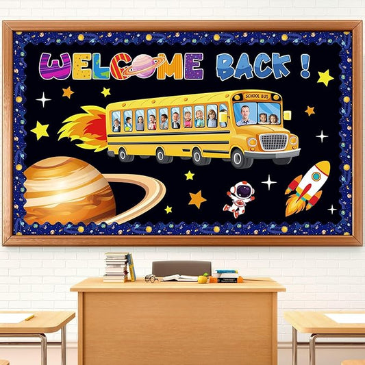 Pajean Outer Space Bulletin Board Welcome Back to School Classroom Decor Space Bus Galaxy Planet Cutouts for Back to School First Day Window Door Wall Elementary Preschool Teacher Supplies