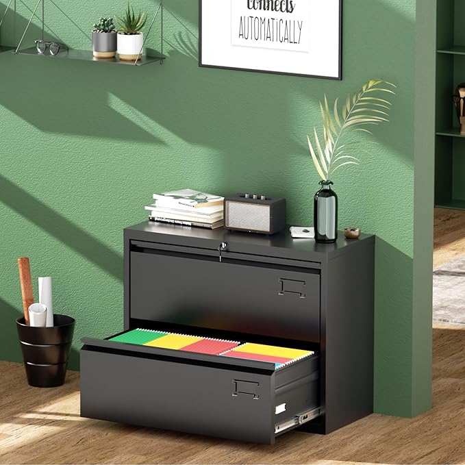 Greenvelly 2 Drawer File Cabinet, Black Lateral File Cabinet with Lock, Filing Cabinet for Home Office, Lockable File Cabinets for Legal/Letter/A4/F4 Size with Hanging Files&Key