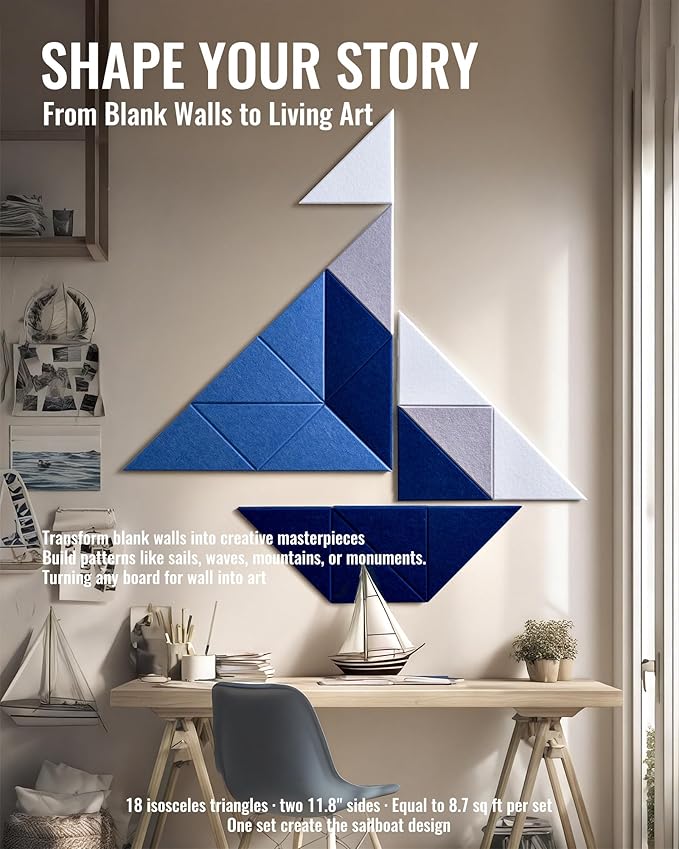 Felt Wall Tiles Bulletin Board, Marine Blue White Panels, Modular Decorative Boards for Home Office, Kids Room, Nursery, DIY Geometric Art Display, 18 Pack 11.8" Triangle Tiles (Marine)