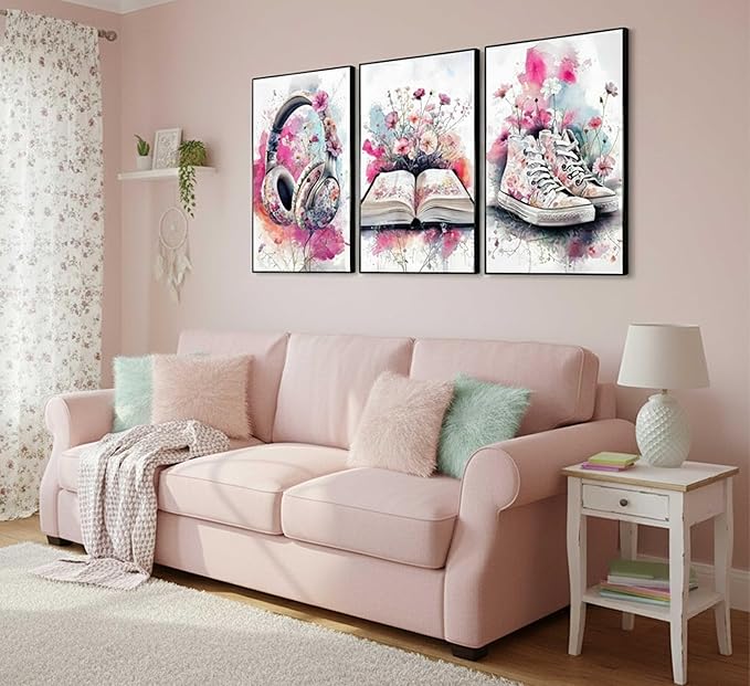 3Pcs Teen Girls Bedroom Canvas Wall Art Fashion Headphones Book and Shoes Pink Watercolo Splash Flower Painting Pictures Wall Decor Print Artwork for Living Room Dorm Home Decoration Unframed