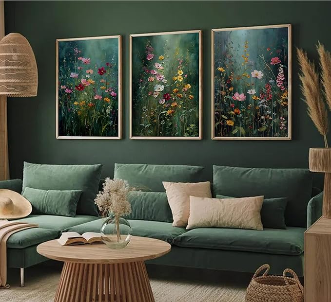 3Pcs Dark Green Floral Canvas Wall Art Moody Wildflowers Poster Prints Vintage Nature Rustic Botanical Flowers Pictures for Bedroom Living Room Office Bathroom Wall Decor 12x16in Unframed