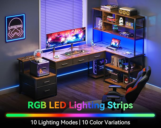 AODK 79 inch L Shaped Desk with 5 Drawers, Reversible L Shaped Gaming Desk with LED Light & 2 Power Outlets, Computer Desk with Storage Shelves for Home Office, Vintage