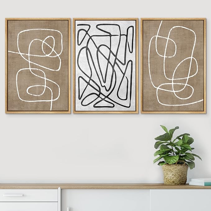SIGNWIN Framed Canvas Print Wall Art Set Geometric Mid-Century Sketches Graffiti & Street Art Abstract Illustrations Modern Art Decorative Nordic for Living Room, Bedroom, Office - 16"x24"x3 Natural