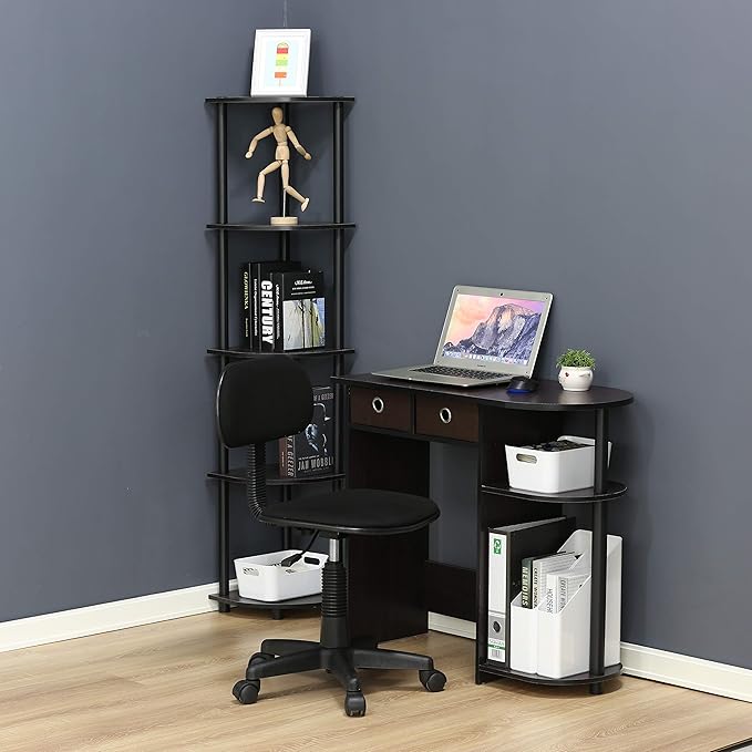 Furinno GO GREEN Desk, 31.5" Wide Gaming Desk with 2 Side Shelves and Storage Bins, Computer Desk, Office Desk for Home Office, Study Room, Dorm, Bedroom, Dark Walnut