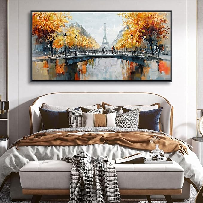KLAKLA Black and White Canvas Wall Art for Living Room Bedroom Bathroom Orange Paris Theme Room Decor Oil Painting Print Tower Eiffel Painting for Wall Decor 29x58 Inches
