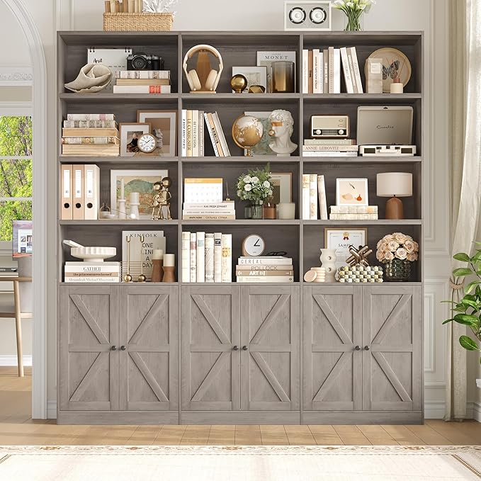 FACBOTALL 75" Triple Wide Bookshelf, Bookshelf and Bookcase with 6 Farmhouse Doors, 71" Wide 6 Tier Book Shelf with 18 Storage Shelves, Large Wooden Bookshelves, Tall Bookcase for Home Office, Gray
