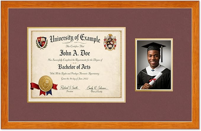 CountryArtHouse Fits 13 x 10 College Diploma (Traditional) and 5 x 7 Photo Diploma and Photo Frame Honey Oak Genuine Hardwood with Dark Red Over Metallic Gold Double mat