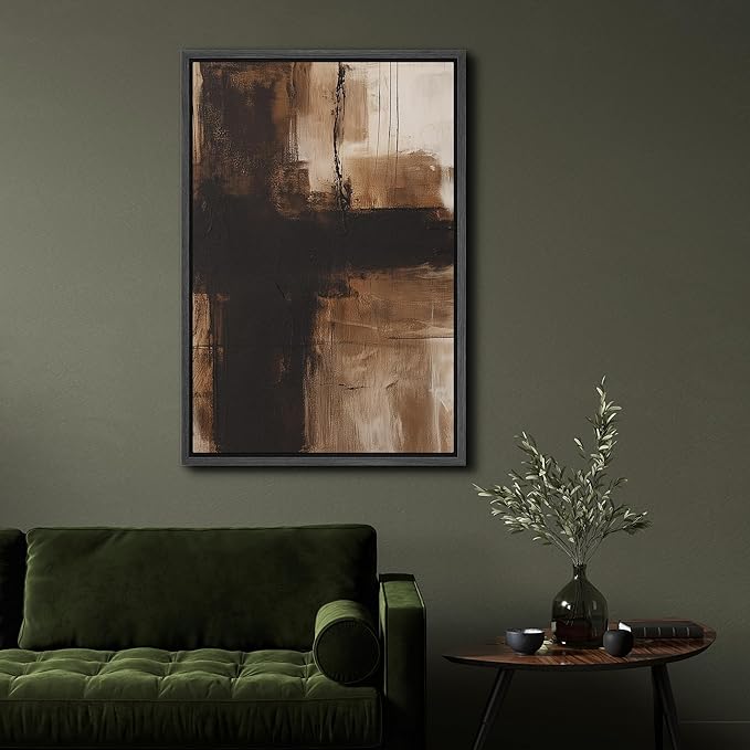 SIGNFORD Framed Canvas Print Wall Art Brown and Black Abstract Cross Brushstroke Illustrations Digital Art Modern Art Decorative Multicolor Rustic Minimal for Bedroom - 24"x36" BLACK