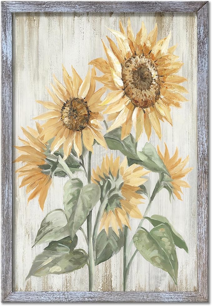 Sunflowers Wall Art Painting - Vibrant Yellow Floral Canvas with Distressed Frame for Bathroom and Bedroom Decor 11"x16"