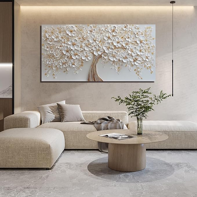 Large Tree Artwork for Walls Office White Flower Canvas Wall Art for Living Room Wall Decor for Bedroom Aesthetic Size 29 x 58 Inch