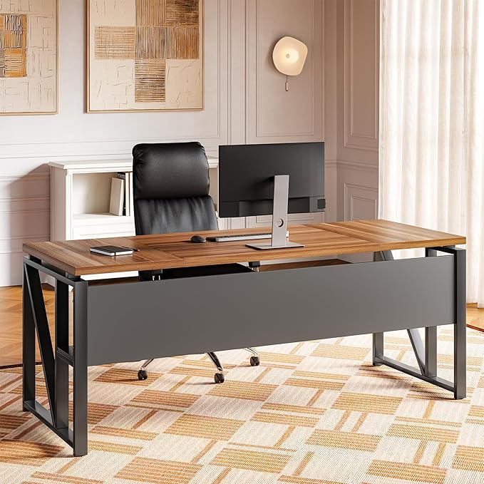 LITTLE TREE 63-Inch Executive Office Desk, Large Computer Desk with Storage Shelf, Executive Desk with Metal Frame, Study Writing Desk Work Station for Home Office, Brown + Black