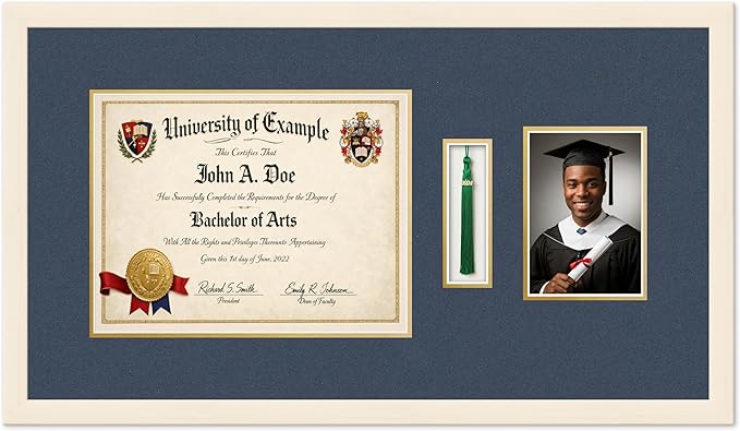 CountryArtHouse Diploma Tassel and Photo Shadowbox Fits 13 x 10 College Diploma (Traditional) Wit Coastal Whitewash Genuine Hardwood with Navy Blue Over Metallic Gold Double mat