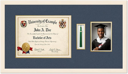 CountryArtHouse Diploma Tassel and Photo Shadowbox Fits 13 x 10 College Diploma (Traditional) Wit Coastal Whitewash Genuine Hardwood with Navy Blue Over Metallic Gold Double mat