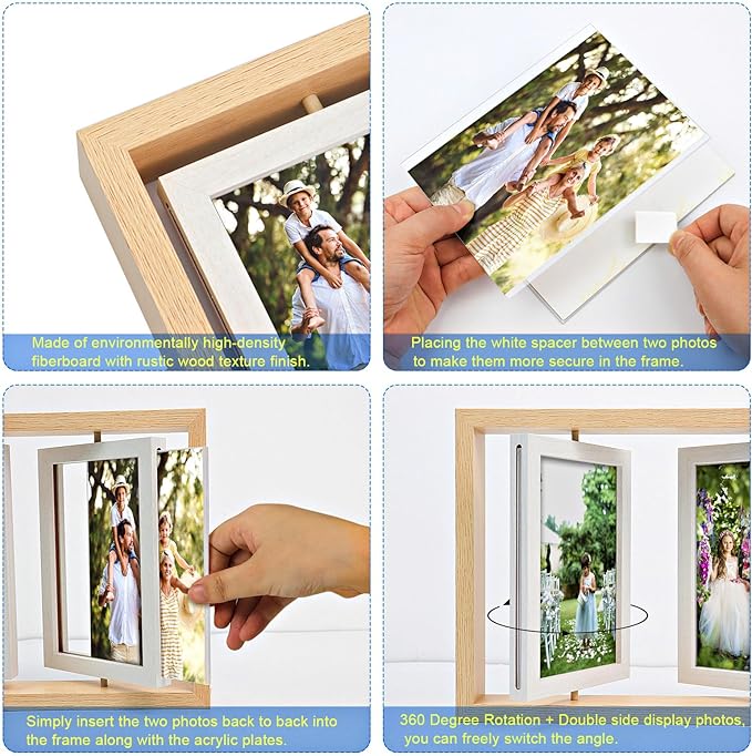 ZEEYUAN 4x6 Rotating Picture Frame Rustic Double Side Family Photo Frame, 4x6 Floating Wooden Picture Frame Vertical Collage Photo frame for Tabletop Display