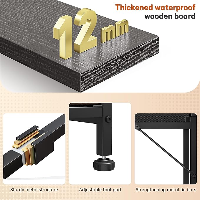 47.3Inch Gaming Desk with LED Lights with 2 Drawers, Home Office Desk Computer Desk with Side Pocket & Ergonomic Monitor Stand, Small Space Study Writing Table with Anti-Tip Design,Black