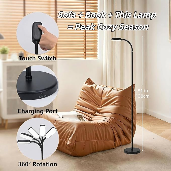Cordless Portable Floor Lamp, Adjustable Gooseneck with Touch Switch, 3 Color Modes, Lightweight & Rechargeable for Living Room, Bedroom, Office, Reading, Camping, RV, Piano, Indoor Outdoor- Black