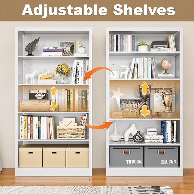 Bookcase, 5 Shelf Bookcases for Books, Garage Kit, CDs, Toys, Bookshelves and Bookcases for Home Office Library Living Room, Metal Book Case with Adjustable Shelves