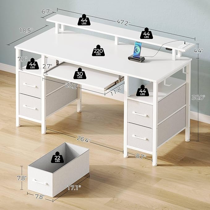 Seventable White Computer Desk with Drawers, Gaming Desk with Keyboard Tray, Office Desk with LED Lights & Power Outlets, 47 inch Writing Desk with Monitor Stand for Small Space