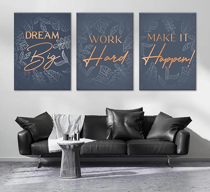 3Pcs Blue Gold Inspirational Office Canvas Wall Art Inspiring Motivational Positive Quote Botanical Paintings Pictures Wall Decor Posters Print Artwork for School Bedroom Living Room Home Decoration