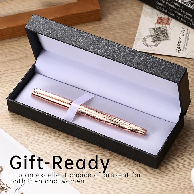 Rollerball Liquid Ink Signature Pens for Women Luxury Box Gel Black Ink Fancy Pen Refillable for Executive Office,Professional,Birthday Nice Gift Penset Rosegold