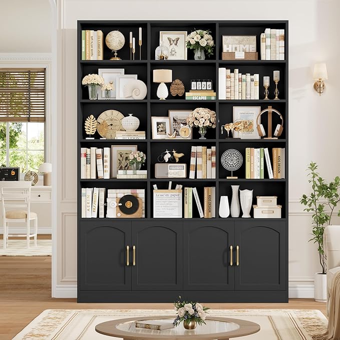 FACBOTALL 82.3" Triple Wide Bookshelf, 7-Tier Tall Bookcase with 15-Cube Open Bookshelf & 4 Doors, Large Bookshelf with Storage Cabinet, Modern Bookshelf for Living Room, Office, Study Room, Black